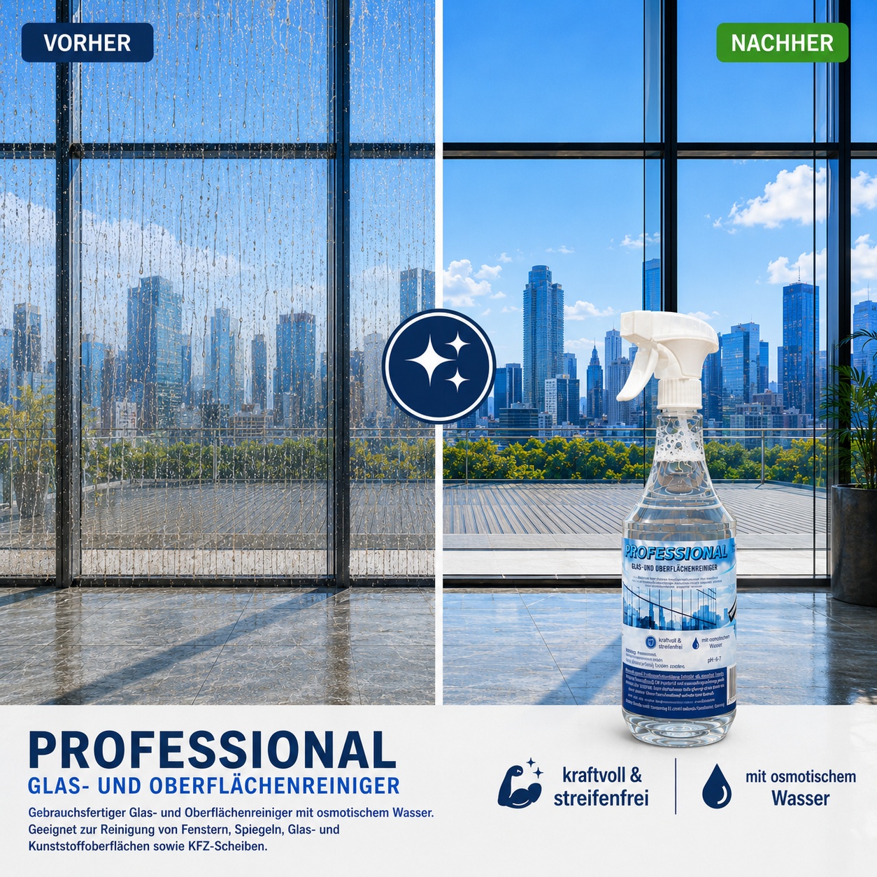 Professional Glasreiniger mit Osmosewasser Oberflächenreiniger streifenfrei