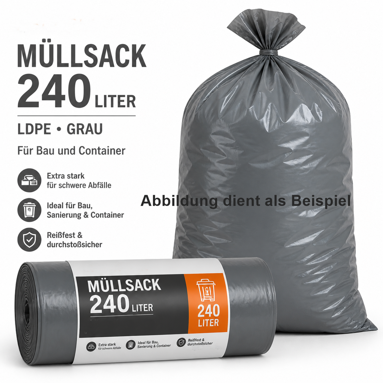 LDPE Müllsack mega stark 240 Liter für Container grau, 10 Rollen (100 Stk.)