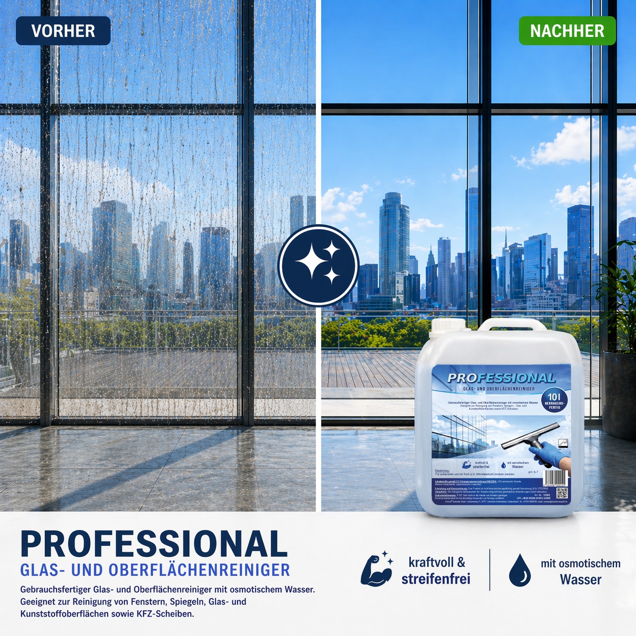 Professional Glasreiniger mit Osmosewasser 10 Liter Oberflächenreiniger streifenfrei