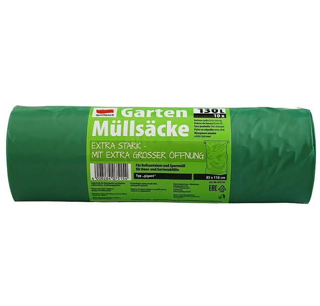 LDPE Gartenmüllsack extra stark 130 Liter grün, 10 Rollen (100 Stk.)