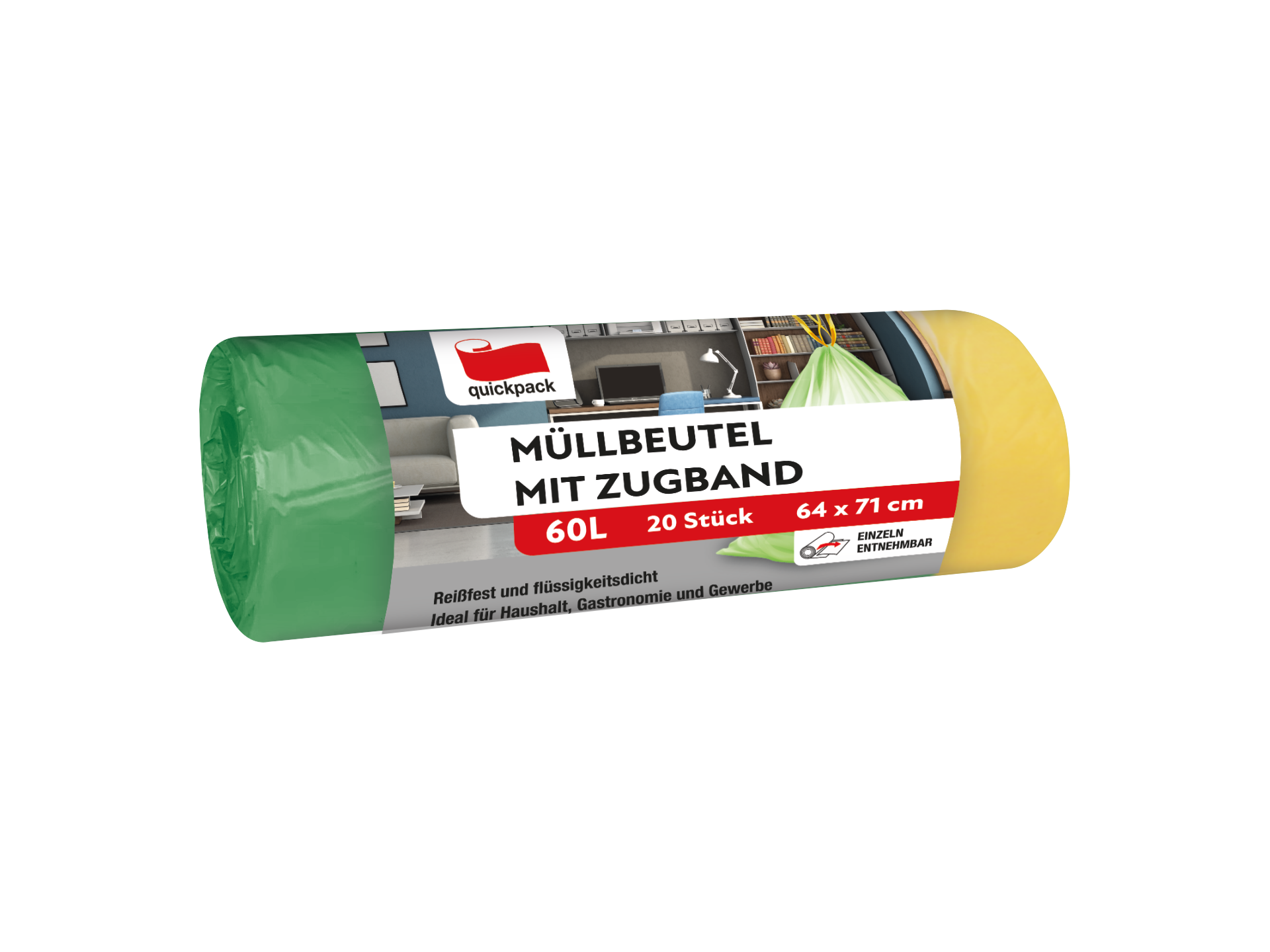 Zugbandmüllbeutel Müllbeutel 60 Liter, Tragegriff, grün, 27 Rollen (540 Stk.)